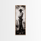 Black and White Cowboy Art Framed Canvas Print, Rustic Wall Art, Moody Art, Southwest Wall Art, Vintage Horse Art, Tall Narrow Art