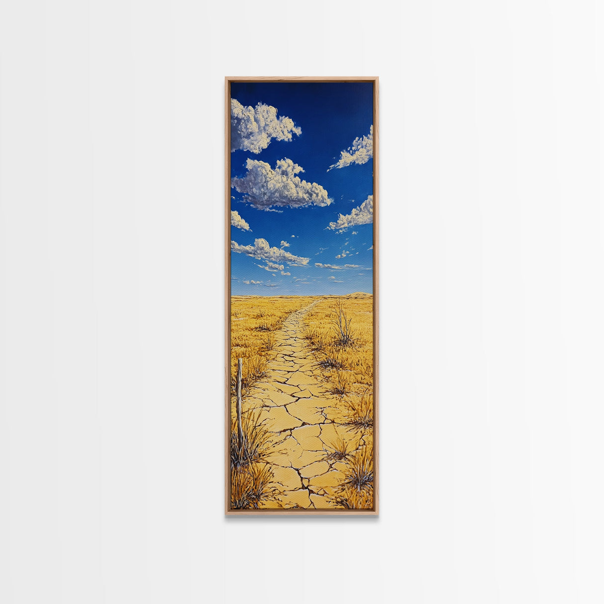 Golden Prairie Trail Framed Canvas Print rustic wall art, southwest wall art, landscape painting, farmhouse art, extra wide art, panoramic painting, above sofa art, wabi sabi art, Joshua tree art