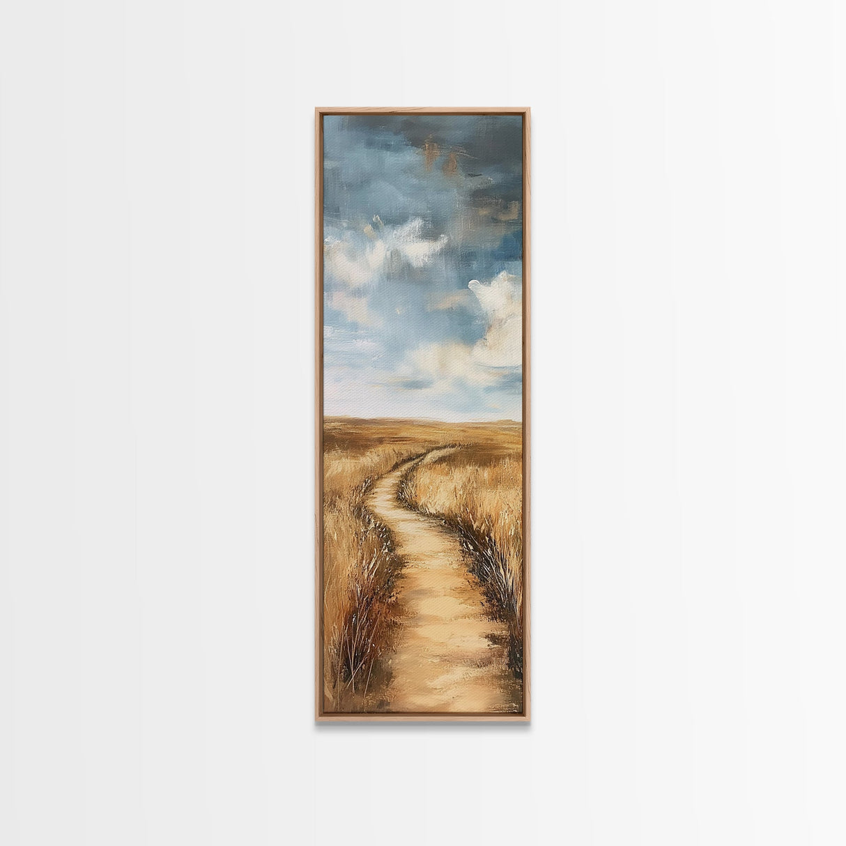 Serene Rural Path Framed Canvas Print landscape painting, farmhouse art, above couch art, rustic wall art, wabi sabi art, extra wide art, panoramic art, warm neutral wall art, barn landscape oil painting