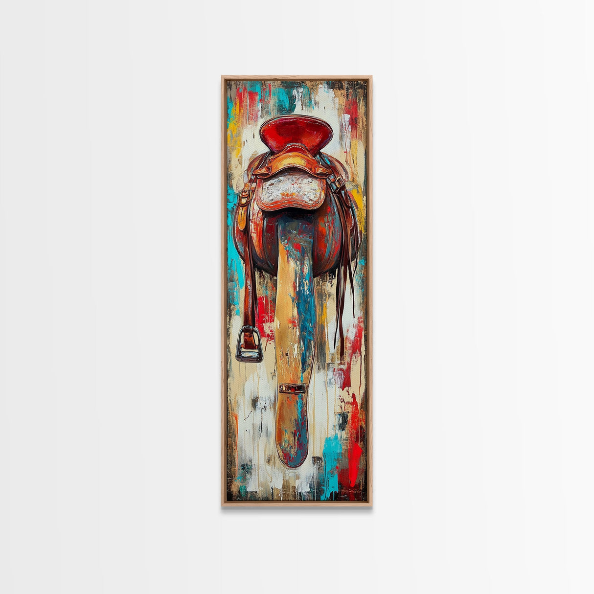 Rustic Saddle Painting Canvas Print Farmhouse Wall Art Moody Art Rustic Decor Southwest Wall Art Tall Narrow Art