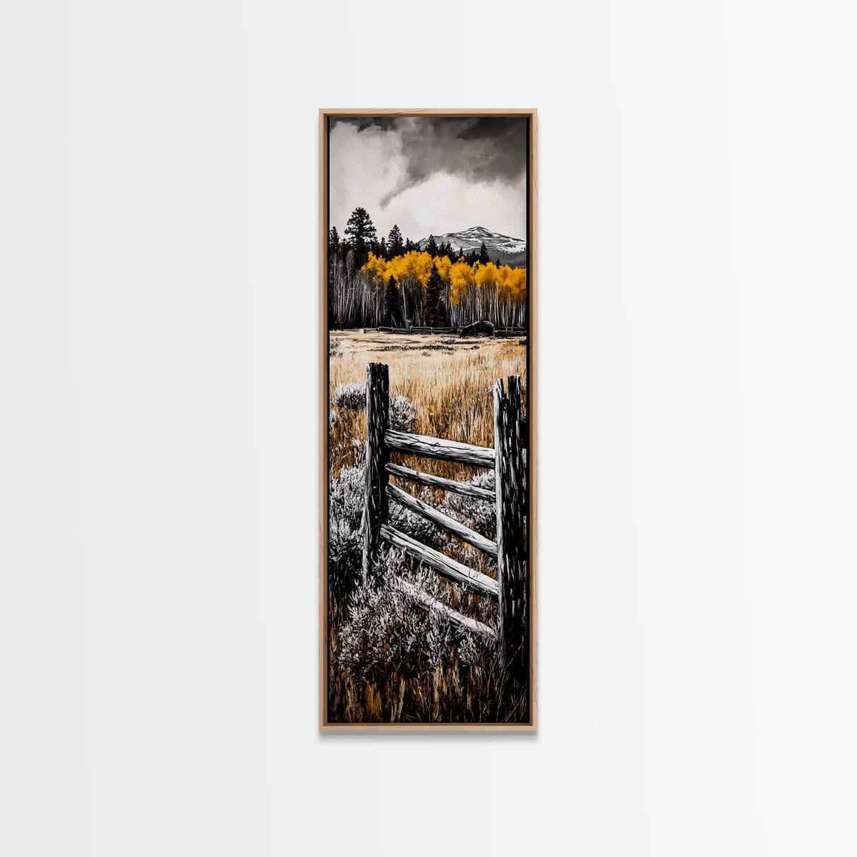 Rustic Mountain Fence Framed Canvas Print, Birch Tree Art, Fall Landscape Painting, Moody Art, Farmhouse Art, Above Sofa Art