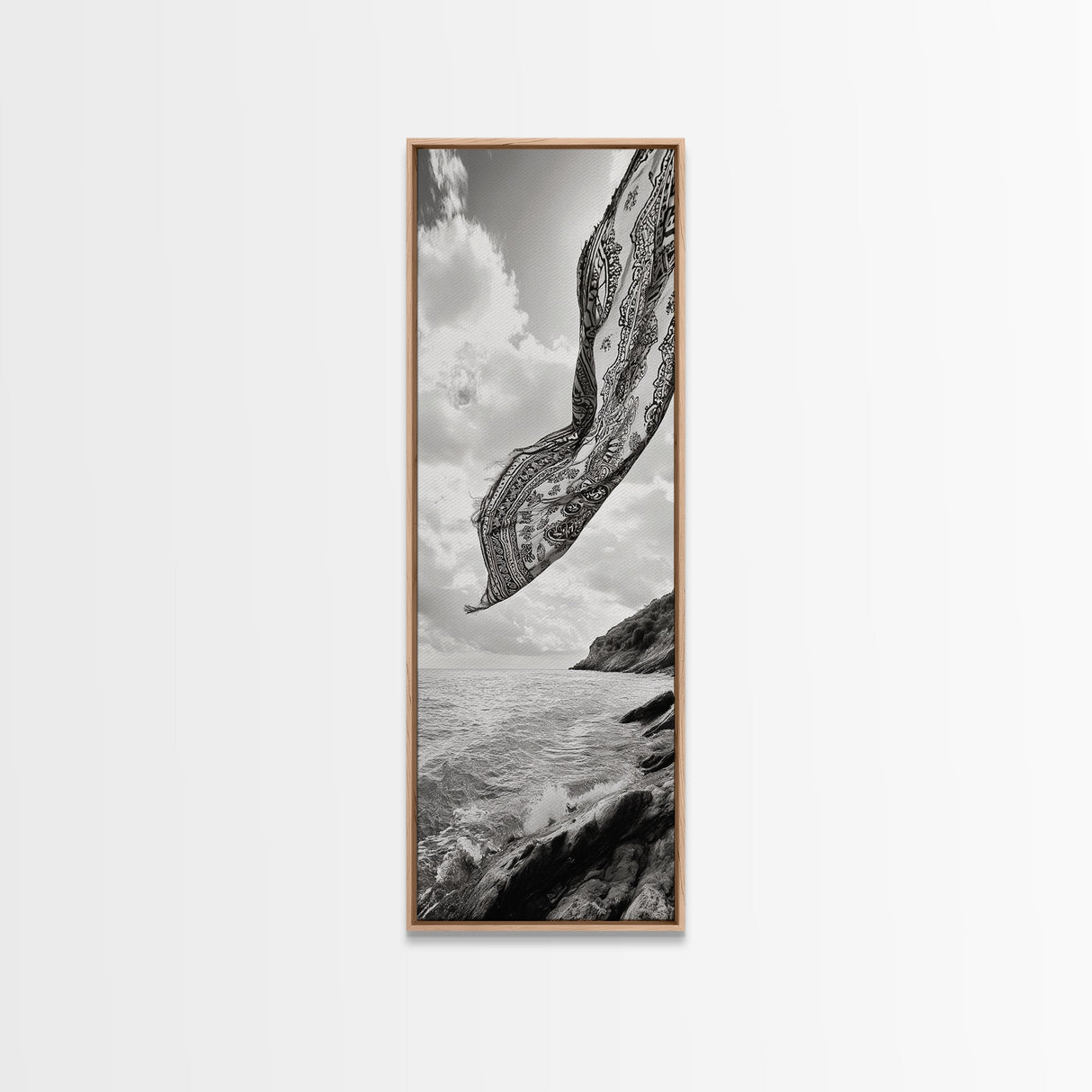 Flowing Fabric Over Ocean, Framed Canvas Print, wabi sabi art, coastal decor, boho art, minimalist art, above couch art, panoramic painting