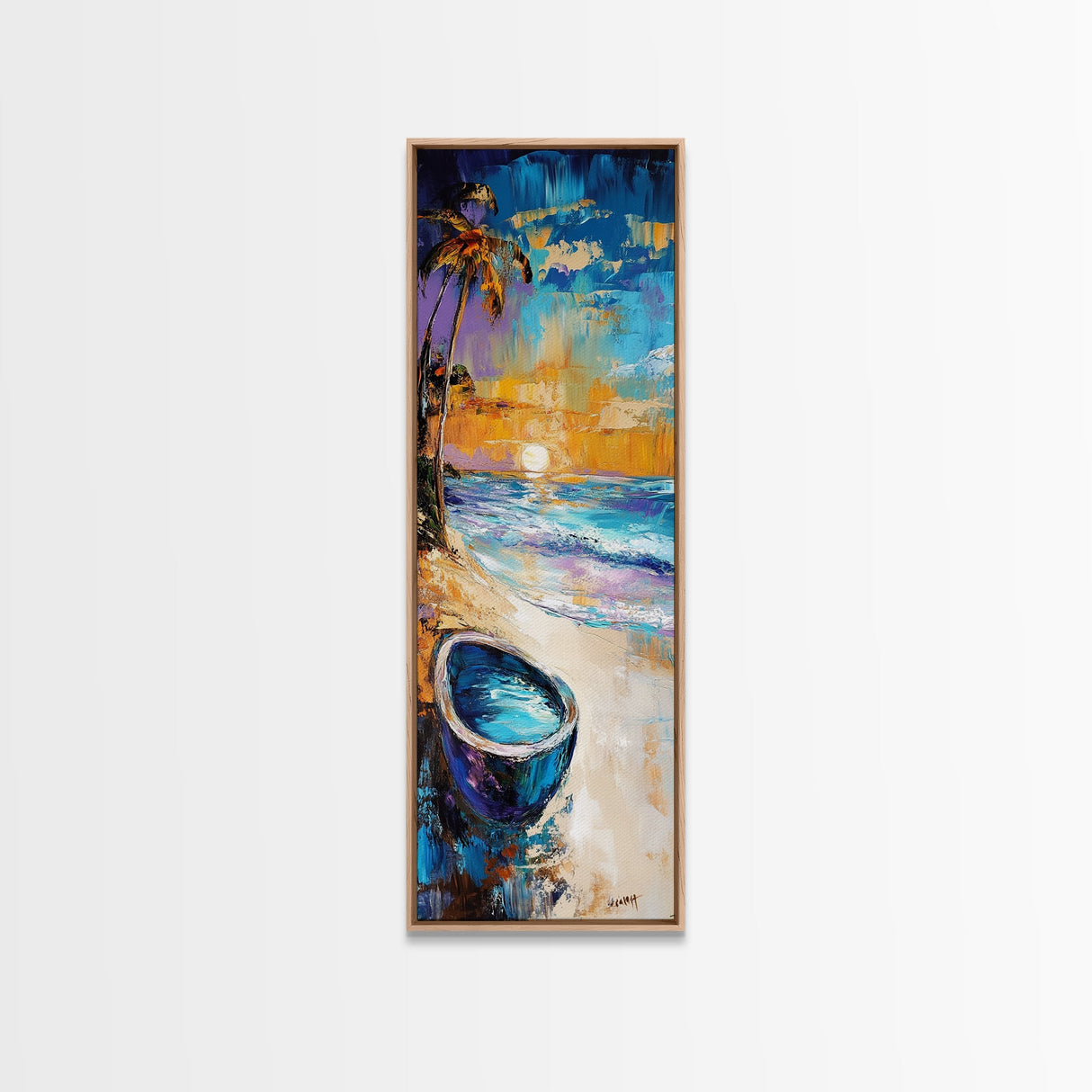 Tropical Beach Sunset Framed Canvas Print Coastal Wall Art Nautical Painting Seascape Art Palm Tree Painting Coastal Decor