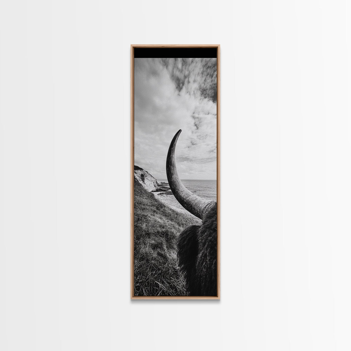 Highland Bull, Coastal Landscape, Framed Canvas Print, rustic decor, mountain painting, farmhouse art, moody art, wabi sabi wall art