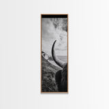 Highland Bull, Coastal Landscape, Framed Canvas Print, rustic decor, mountain painting, farmhouse art, moody art, wabi sabi wall art
