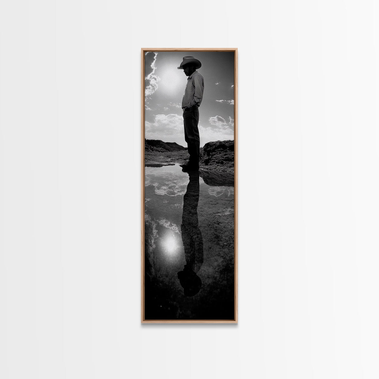 Lone Cowboy, Reflection Photography, Framed Canvas Print, Rustic Art, Moody Wall Art, Extra Wide Art, Southwest Wall Art