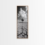 Lone Tree, Cracked Earth, Framed Canvas Print, wabi sabi art, moody art, landscape painting, above bed wall art,minimalist art, extra wide art