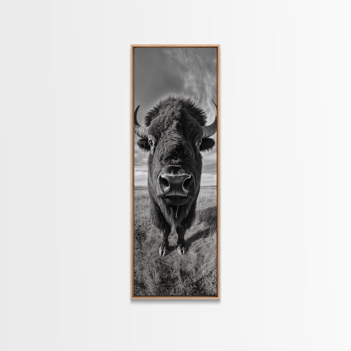 Majestic Bison Close-Up, Framed Canvas Print, rustic wall art, cowboy home décor, wildlife photography, farmhouse art, black and white photography