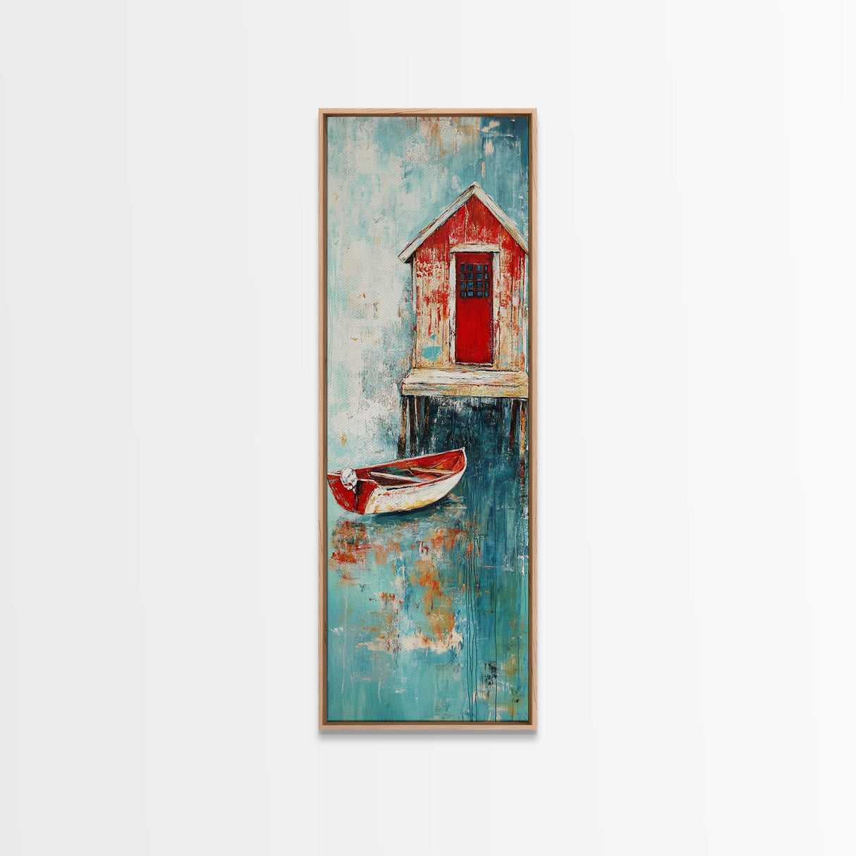 Red Boathouse Coastal Scene Framed Canvas Print | Nautical Decor | Seascape Painting | Rustic Wall Art | Coastal Painting