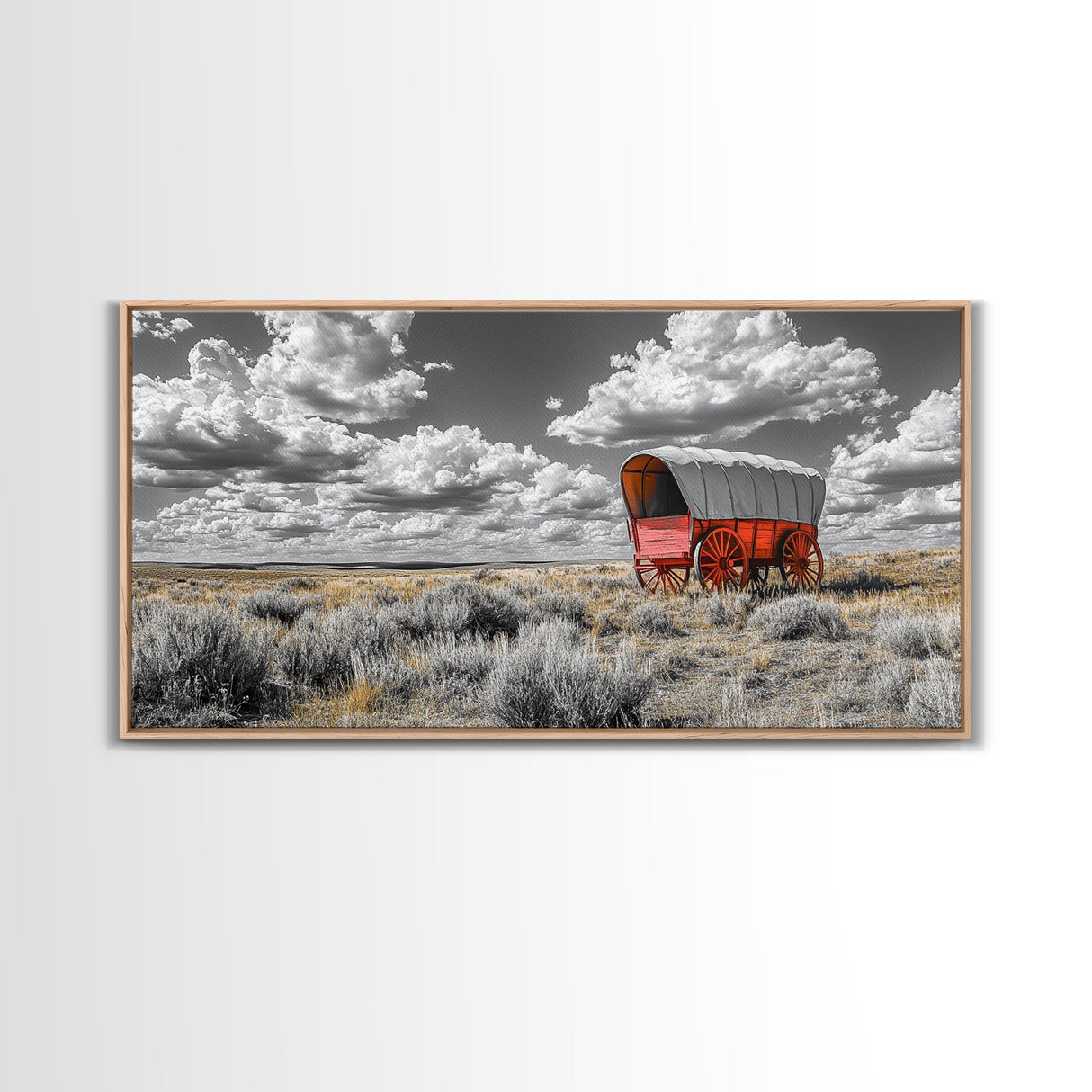 Red Covered Wagon Canvas Print | Rustic Farmhouse Art | Southwest Wall Art | Landscape Painting | Moody Art | Above Couch Art | Extra Wide Art