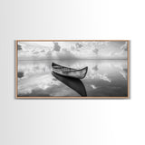 Tranquil Canoe Reflection, lake Tahoe art, nautical decor, seascape painting, coastal landscape art, panoramic painting, framed canvas print