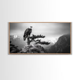 Majestic Bald Eagle, pine tree art, bird art, nature photography, mountain painting, wildlife art, extra wide art, framed canvas print