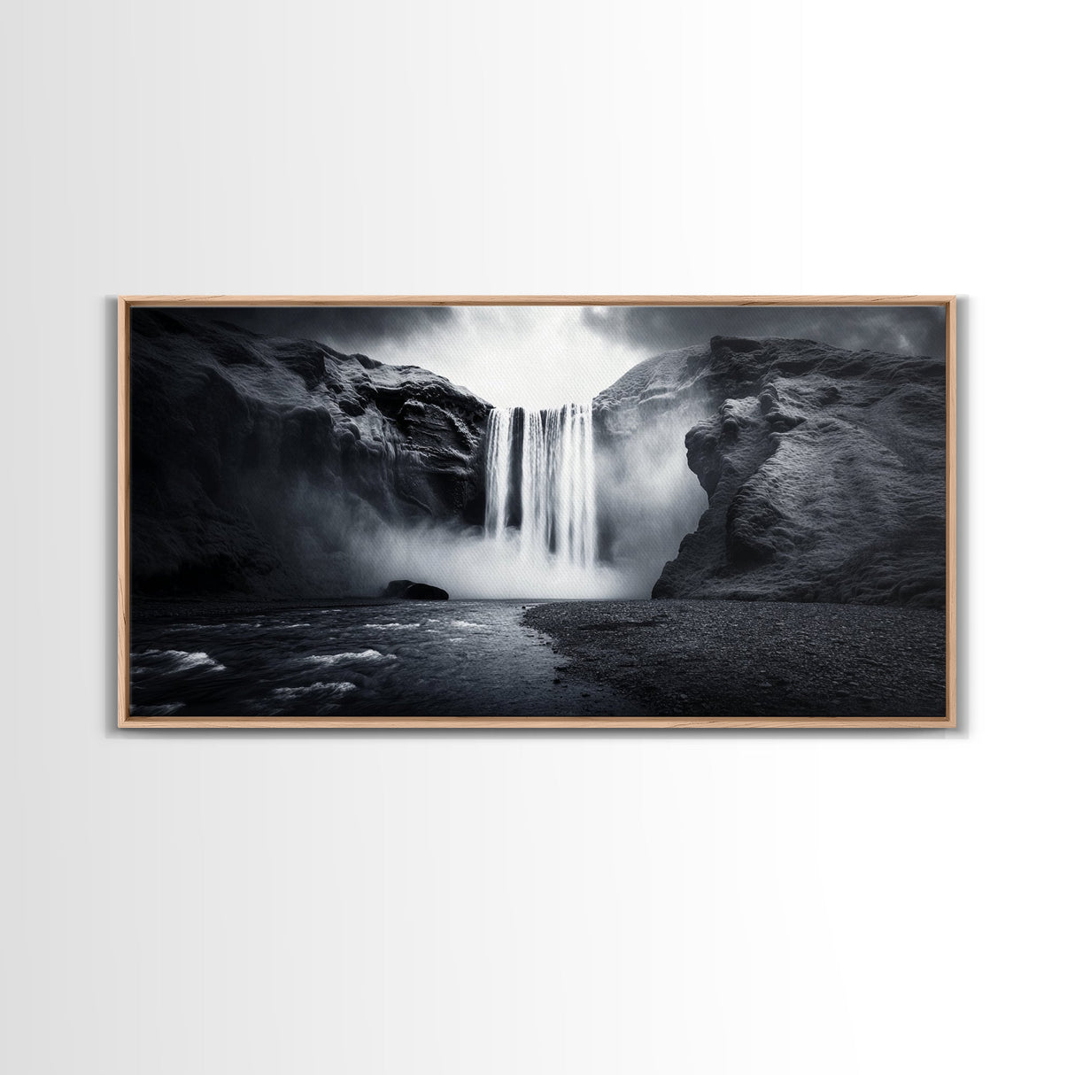 Powerful Waterfall Mist, nature wall art, moody art, mountain painting, black and white photography, dramatic landscape, framed canvas print