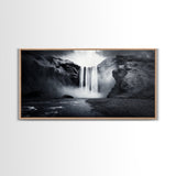 Powerful Waterfall Mist, nature wall art, moody art, mountain painting, black and white photography, dramatic landscape, framed canvas print