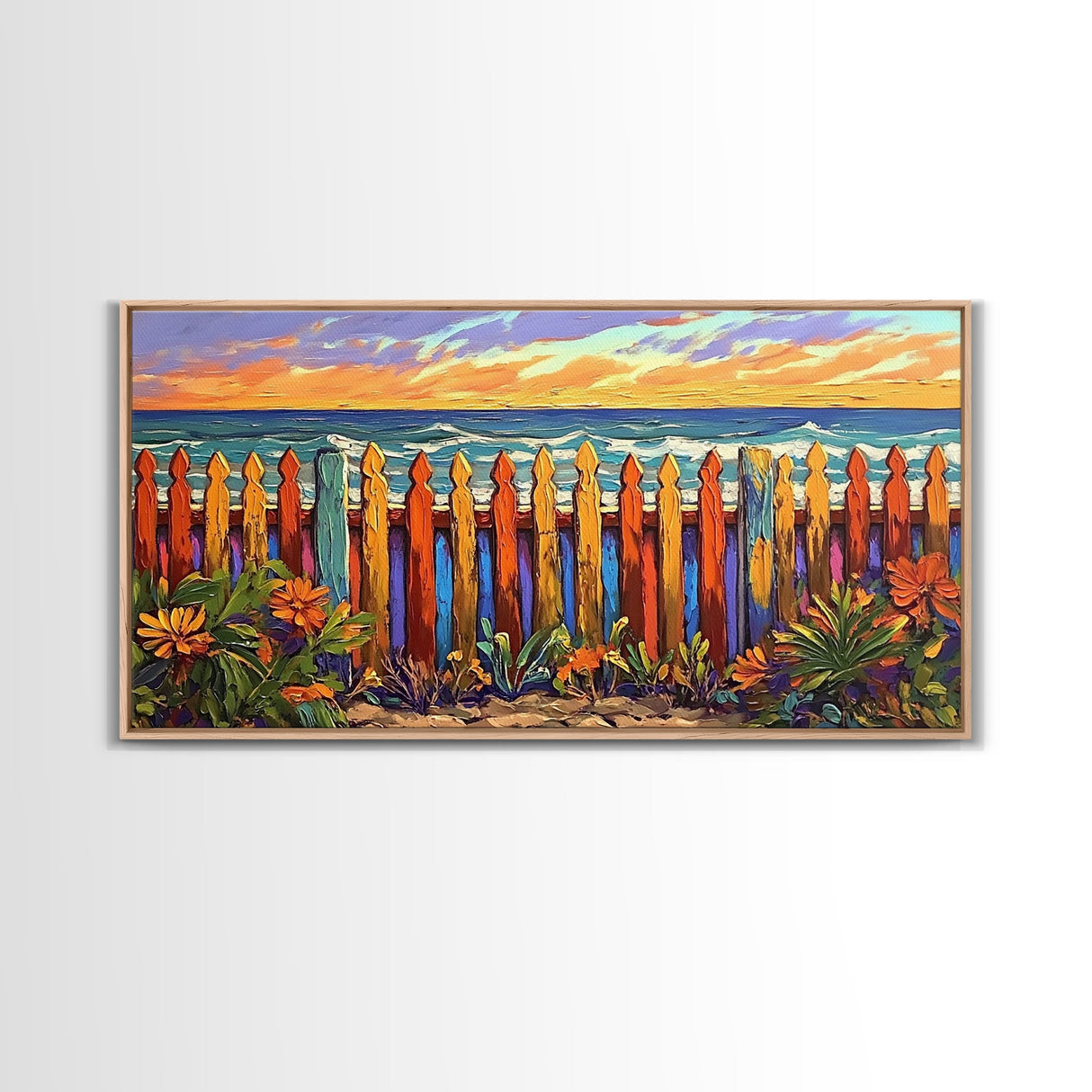 Vibrant Coastal Fence, beach decor, coastal landscape art, coastal wall art, nautical painting, extra wide art, framed canvas print