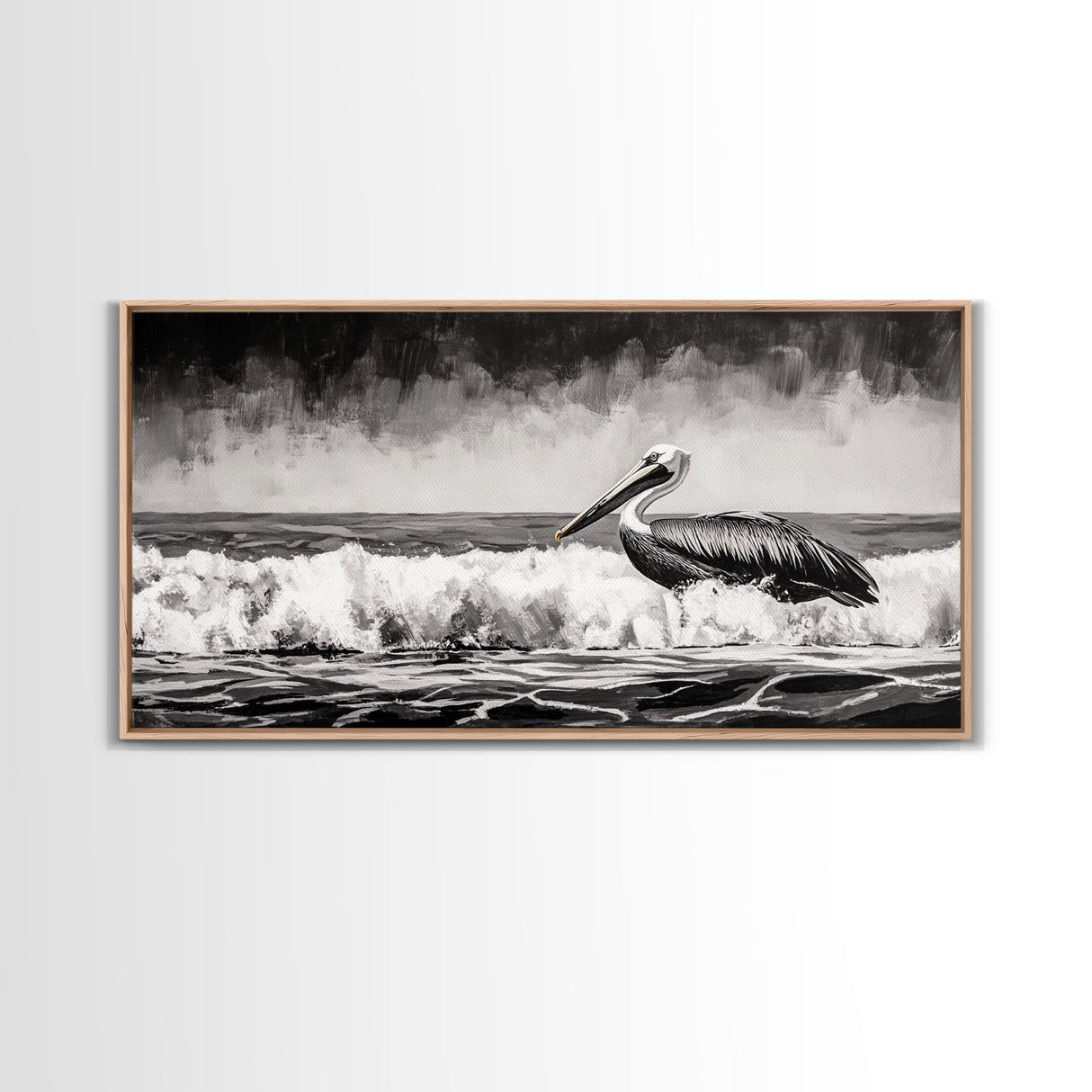 Pelican, coastal wall art, nautical painting, black and white art, seascape painting, ocean bird, Framed Canvas Print, beach decor