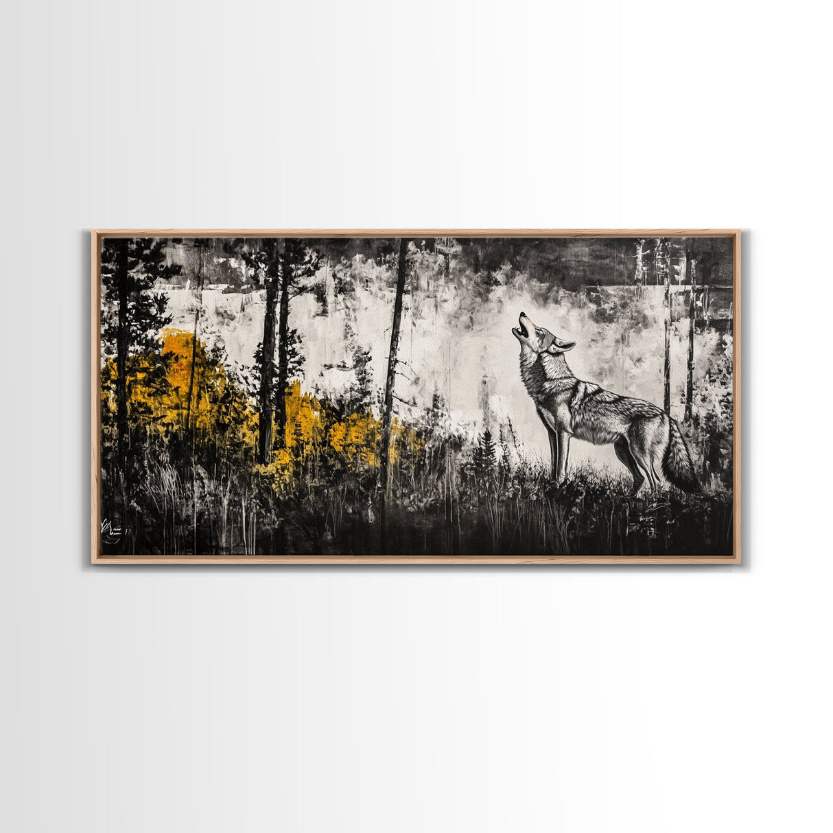 Howling Wolf, moody art, pine tree art, rustic wall art, forest at dusk painting, extra wide art, framed canvas print, southwestern art