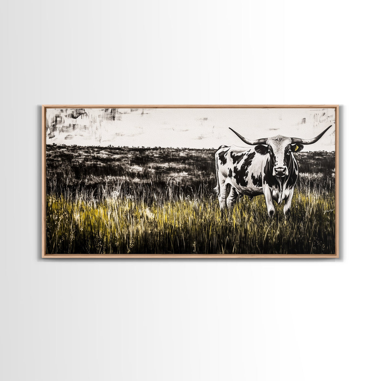 Longhorn Cattle, rustic wall art, farmhouse art, black cowgirl painting, extra wide art, framed canvas print, panoramic painting