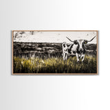 Longhorn Cattle, rustic wall art, farmhouse art, black cowgirl painting, extra wide art, framed canvas print, panoramic painting