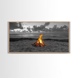 Campfire on Beach Framed Canvas Print | Seascape Painting | Coastal Wall Art | Moody Art | Rustic Decor | Extra Wide Art | Nautical Painting