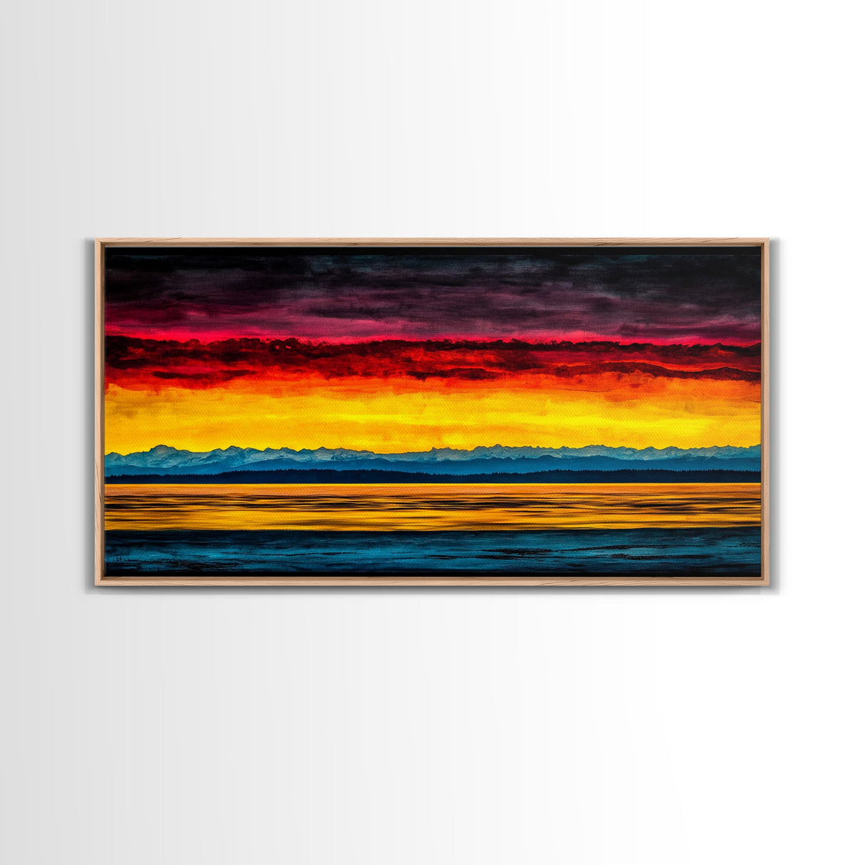Sunset Over Water, Colorful Horizon Painting, Coastal Wall Art, Extra Wide Art, Framed Canvas Print, Above Sofa Art, Ocean Lover Gift