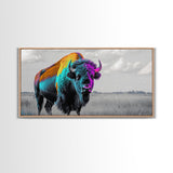 Neon Buffalo Portrait Canvas Print | Western Wall Art | Afrocentric Art | Moody Art | Rustic Decor | Southwest Art | Extra Wide Art.