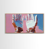 Hands Abstract Art, Pop Art Painting, Whimsical Art, Pink and Blue Wall Art, Modern Decor, Framed Canvas Print, Unique Gift Idea