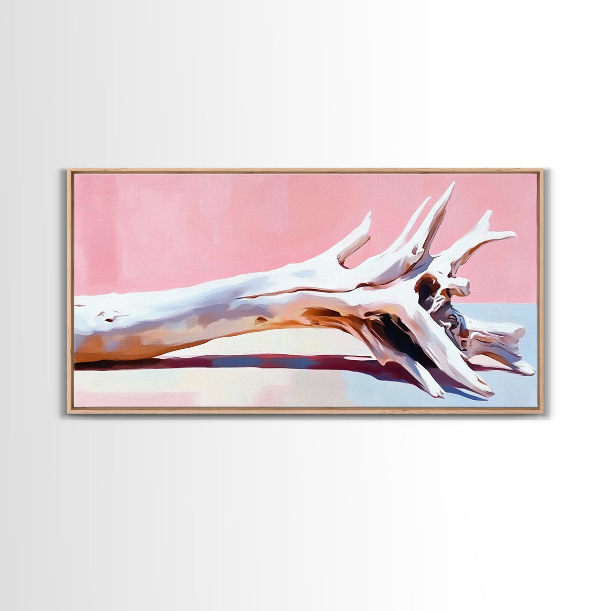 Driftwood, wabi sabi art, rustic decor, framed canvas print, minimalistic art, light pink wall art, extra wide art, boho art
