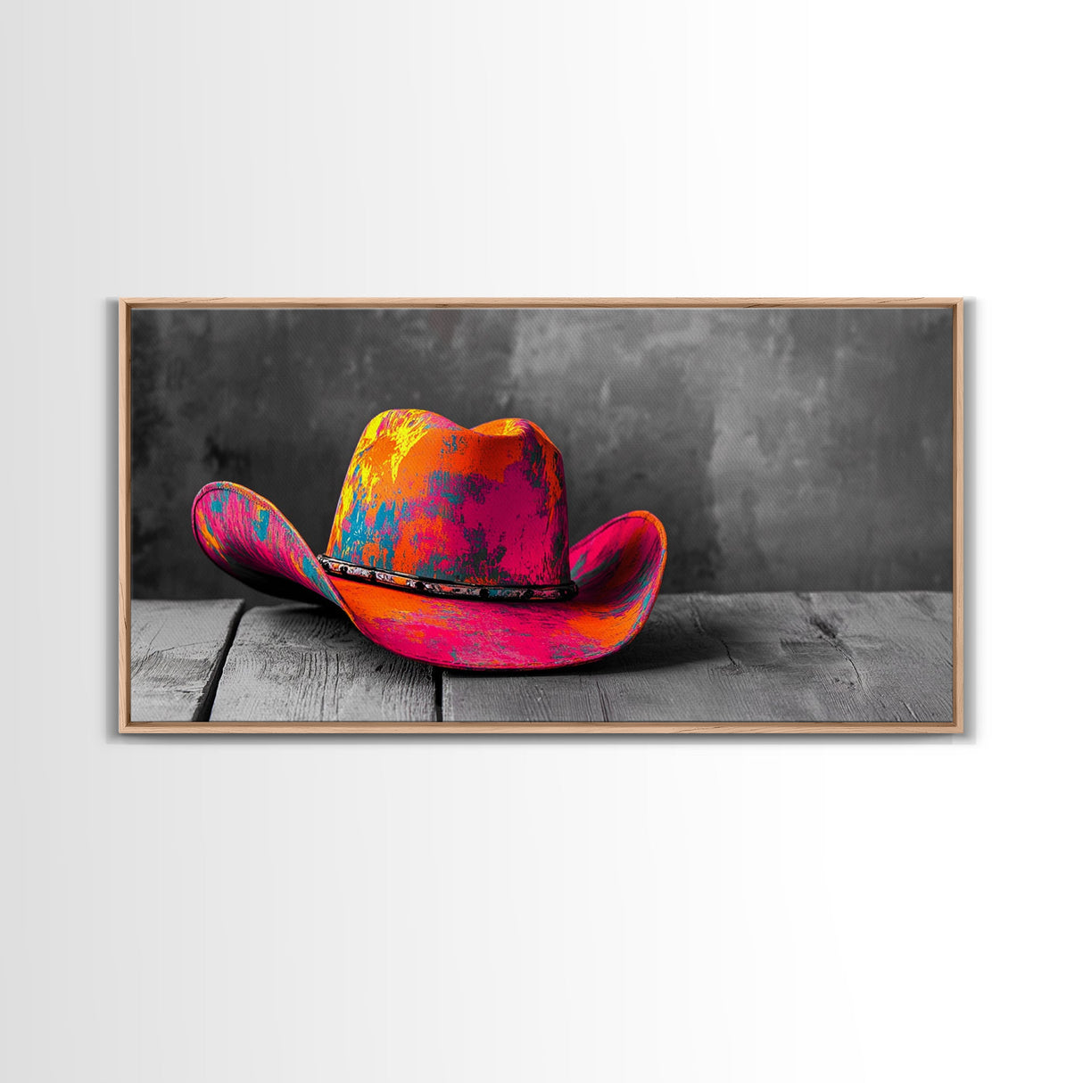 Vibrant Cowboy Hat Framed Canvas Print | Western Wall Art | Chicano Art | Moody Art | Southwest Decor | Rustic Art | Extra Wide Art