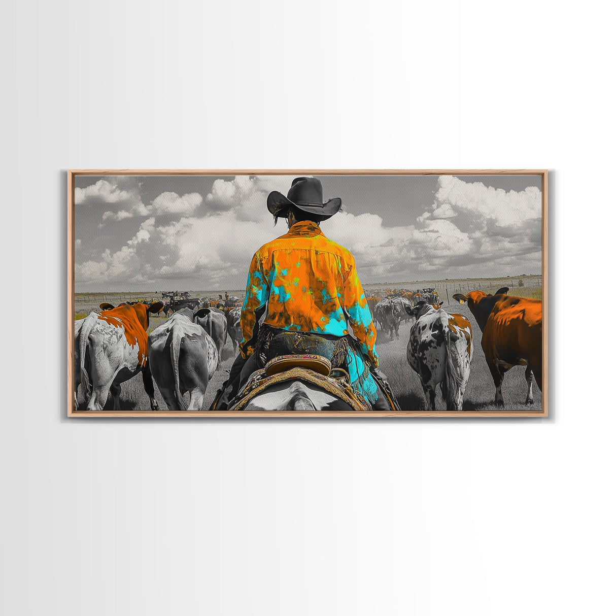 Western Cowboy Herding Canvas Print Rustic Wall Art Southwest Wall Art Black Cowgirl Painting Farmhouse Art Extra Wide Panoramic Art