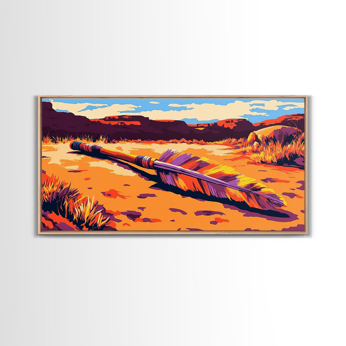 Fallen Arrow, rustic wall art, cowboy painting, southwest wall art, desert landscape, panoramic art, Framed Canvas Print, farmhouse decor, bold