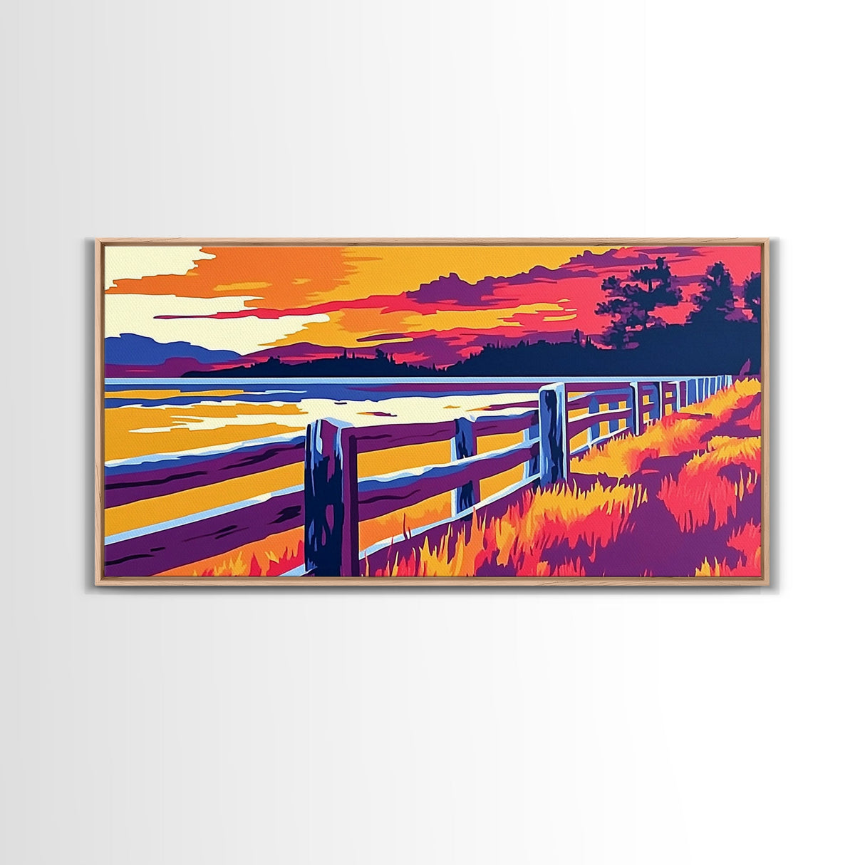 Western Fence, rustic wall art, landscape painting, panoramic art, extra wide art, farmhouse decor, scenic art, Framed Canvas Print, gift idea