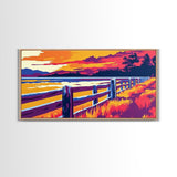 Western Fence, rustic wall art, landscape painting, panoramic art, extra wide art, farmhouse decor, scenic art, Framed Canvas Print, gift idea