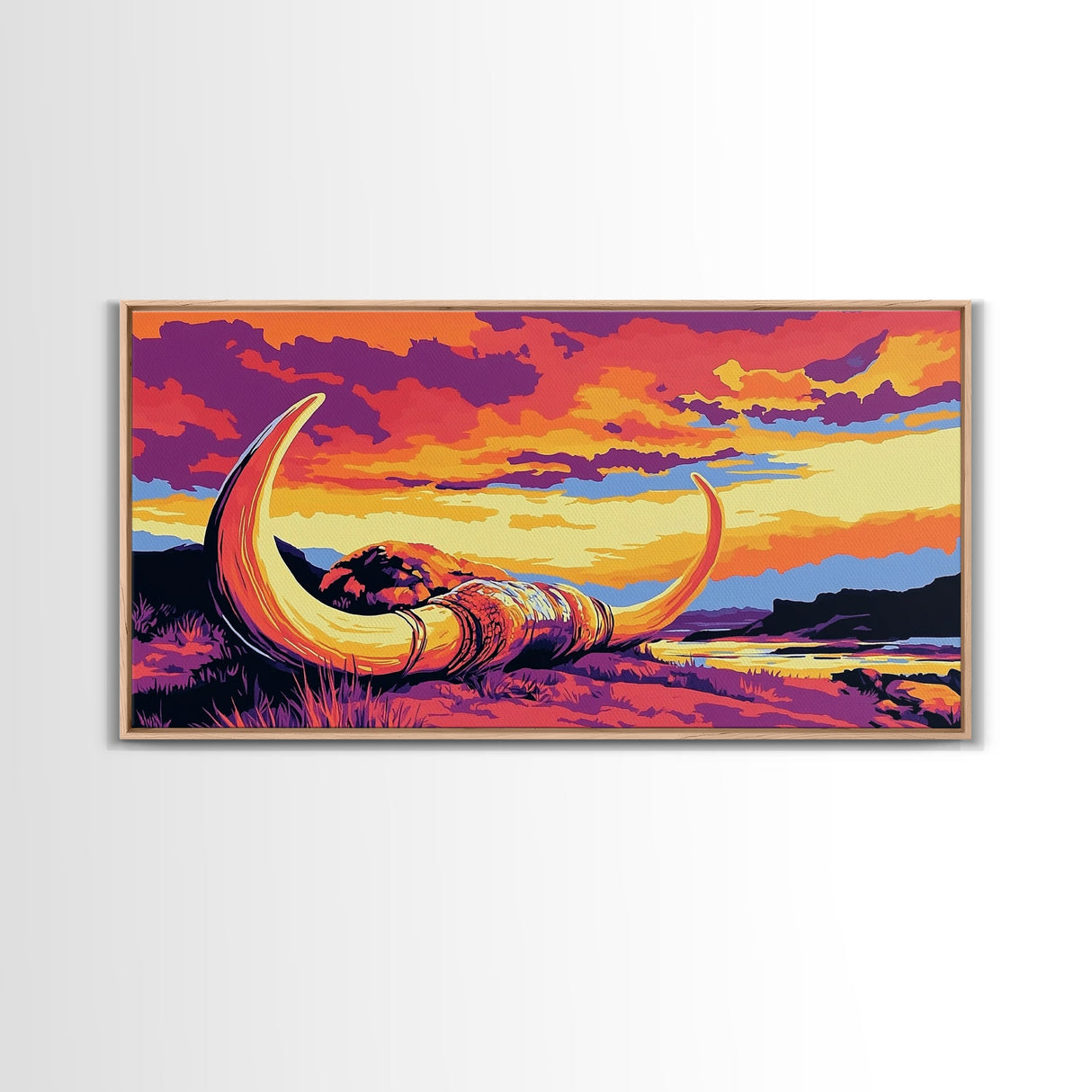 Longhorn, skull, desert scene, rustic cow skull, western wall art, fall decor, extra wide art, cowboy aesthetic, framed canvas print