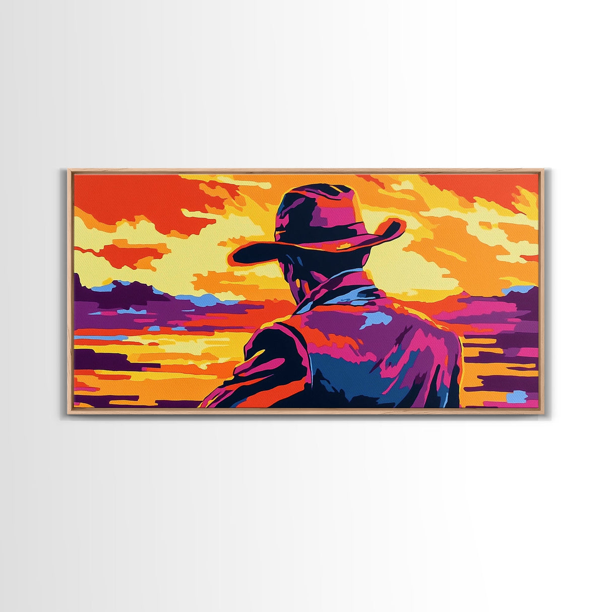 Cowboy, western silhouette, sunset art, ranch aesthetic, moody wall art, bold colors, extra wide art, rustic decor, framed canvas print