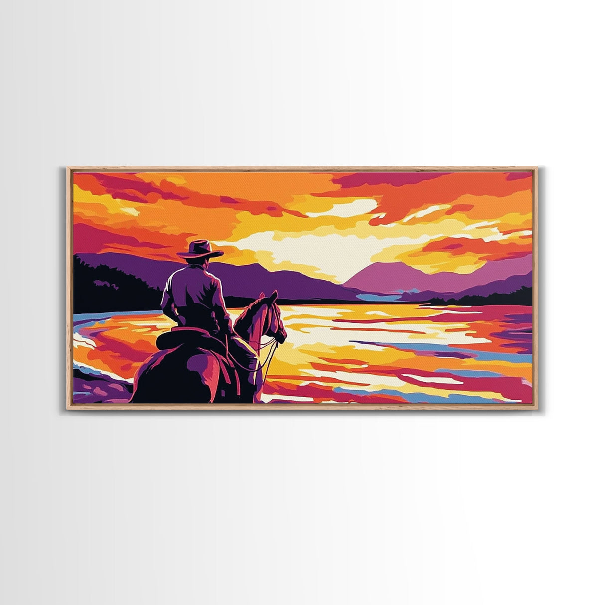 Cowboy on horseback, western silhouette, river sunset, rustic art, moody landscape, extra wide painting, vintage western, framed canvas print