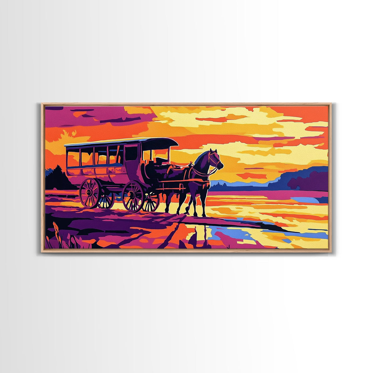 Horse carriage, old west, sunset scene, rustic western art, nostalgic painting, moody colors, extra wide wall art, canvas print