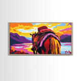 Pack horse, rugged adventure, cowboy aesthetic, mountain sunset, rustic decor, extra wide art, nostalgic western, framed canvas print