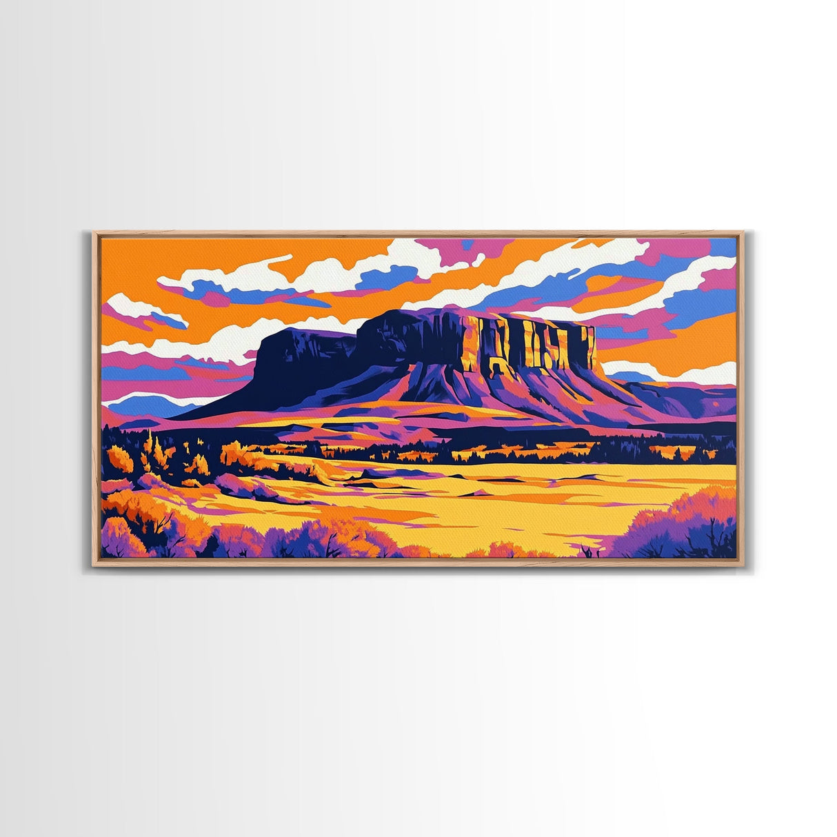 Mesa, desert sunset, southwest decor, extra wide wall art, western landscape painting, panoramic painting, framed canvas print