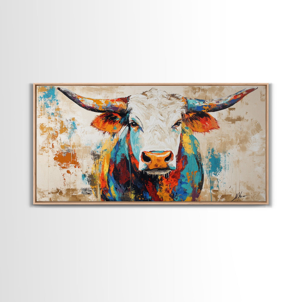 Vibrant Bull Art, rustic decor, extra wide art, farmhouse art, bold color wall art, southwestern painting, framed canvas print, modern rustic art