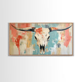 Longhorn Skull Art, southwest wall art, boho art, rustic decor, skull art, extra wide art, wabi sabi art, framed canvas print, farmhouse art