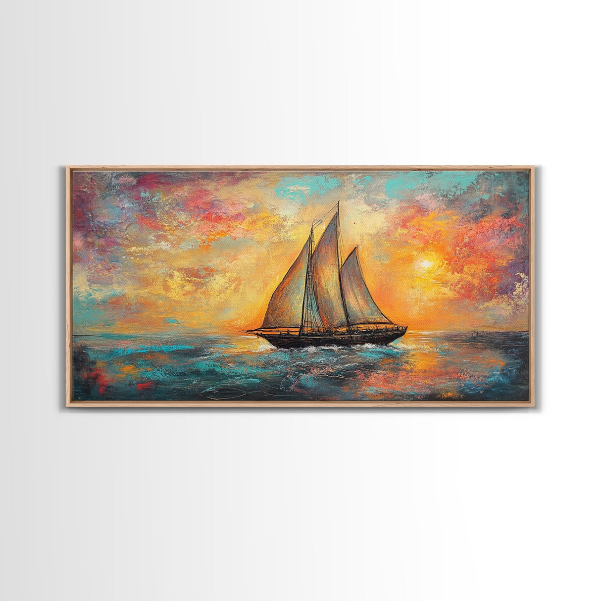 Sailboat at Sunset, nautical painting, coastal decor, seascape painting, beach house art, extra wide art, oil painting, canvas print