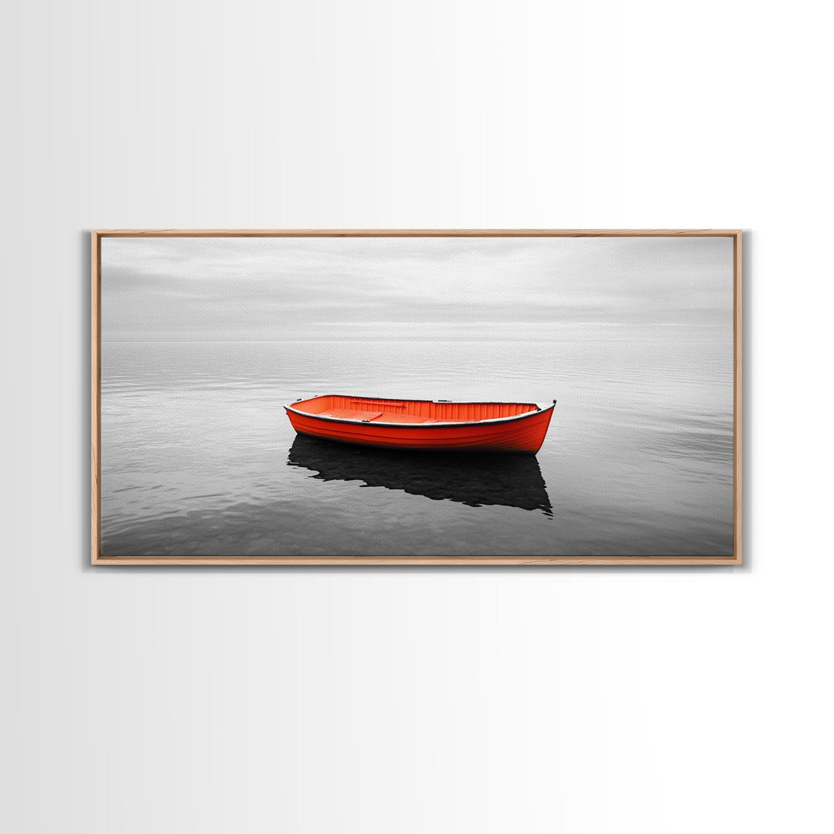 Lone Red Boat, coastal wall art, seascape painting, nautical decor, minimalist art, black and white photography, above couch art, Framed Canvas Print