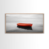 Lone Red Boat, coastal wall art, seascape painting, nautical decor, minimalist art, black and white photography, above couch art, Framed Canvas Print