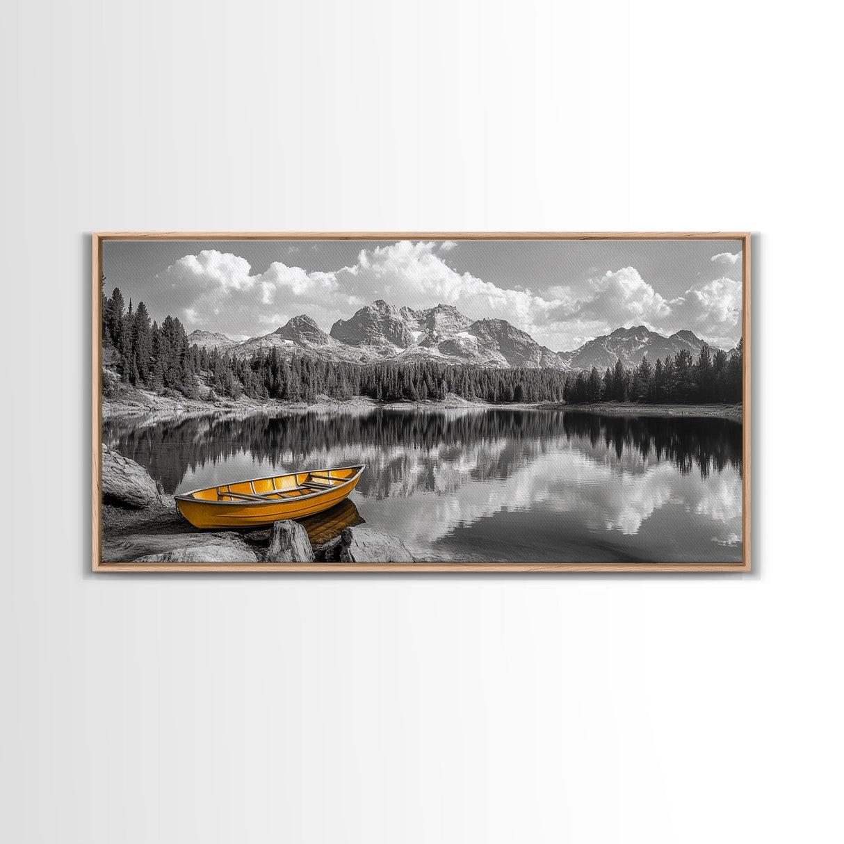 Mountain Lake with Boat, nautical wall art, lake Tahoe art, coastal decor, rustic wall art, extra wide art, seascape painting, Canvas Print