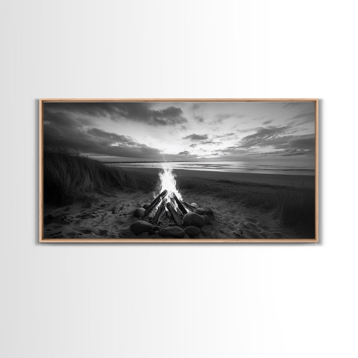 Bonfire on Beach, coastal decor, nautical painting, rustic art, beach sunset print, seascape painting, landscape painting, Framed Canvas Print