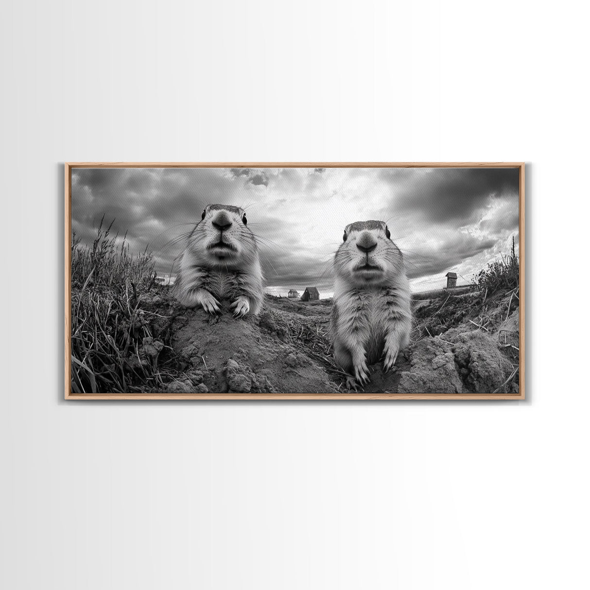 Prairie dogs, whimsical art, rustic wall art, farmhouse art, nature painting, extra wide art, above couch art, framed canvas print