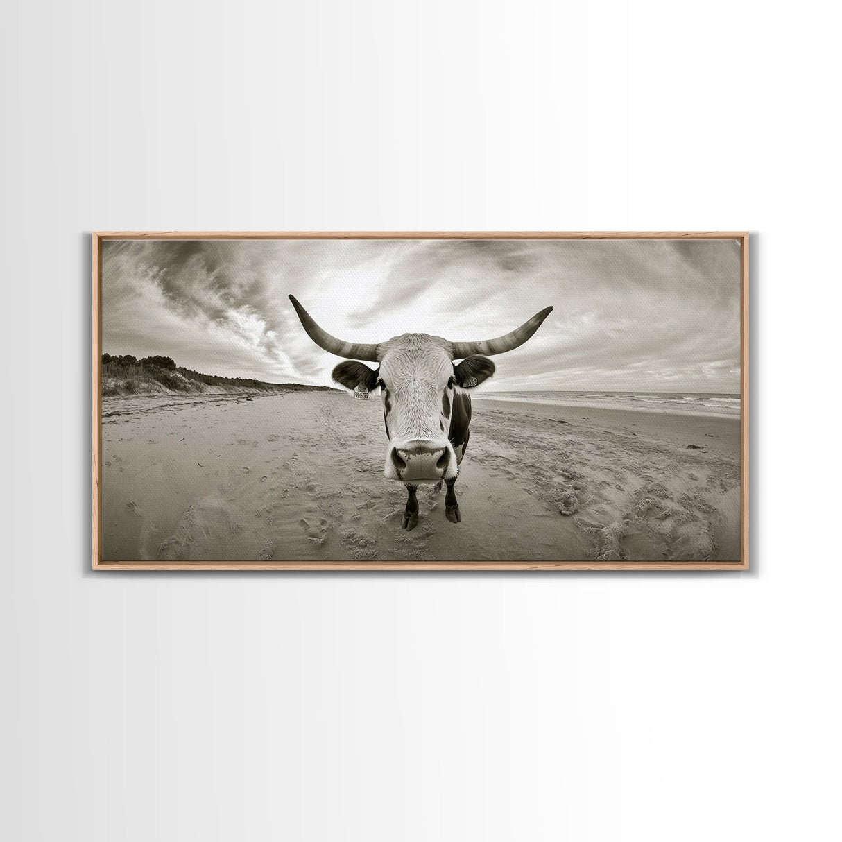 Longhorn, beach, western decor, rustic art, farmhouse art, extra wide art, above sofa art, panoramic painting, framed canvas print