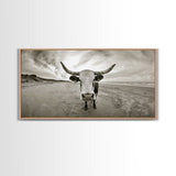 Longhorn, beach, western decor, rustic art, farmhouse art, extra wide art, above sofa art, panoramic painting, framed canvas print
