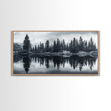 Pine tree reflection, moody art, mountain painting, pine tree art, rustic decor, panoramic art, extra wide art, framed canvas print